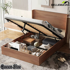 Bellemave® Lift-Top Storage Platform Bed with Fluted Wood Headboard, Hydraulic Lift Bed Frame with Hidden Storage, No Box Spring Required - Bellemave