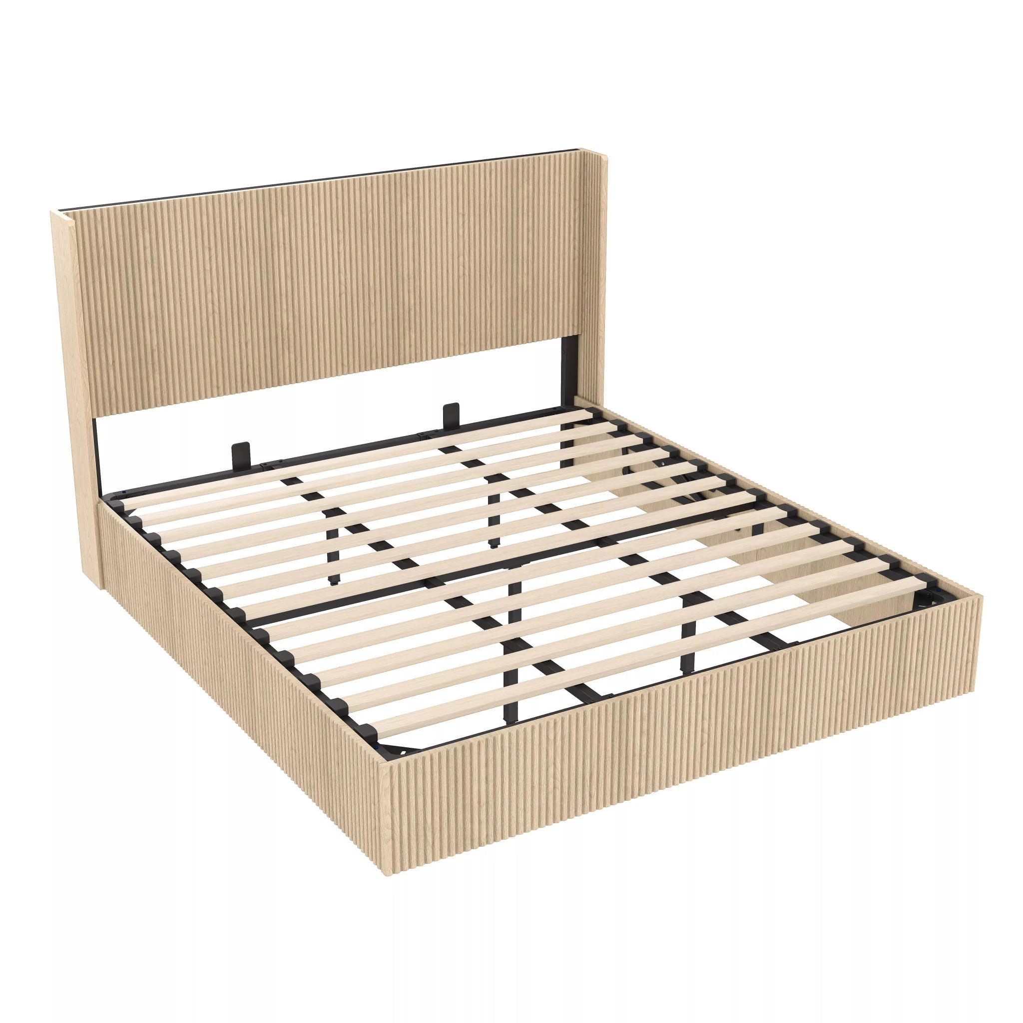 Bellemave® Lift-Top Storage Platform Bed with Fluted Wood Headboard, Hydraulic Lift Bed Frame with Hidden Storage, No Box Spring Required - Bellemave
