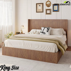 Bellemave® Lift-Top Storage Platform Bed with Fluted Wood Headboard, Hydraulic Lift Bed Frame with Hidden Storage, No Box Spring Required - Bellemave