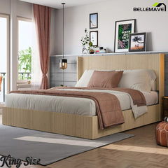 Bellemave® Lift-Top Storage Platform Bed with Fluted Wood Headboard, Hydraulic Lift Bed Frame with Hidden Storage, No Box Spring Required - Bellemave