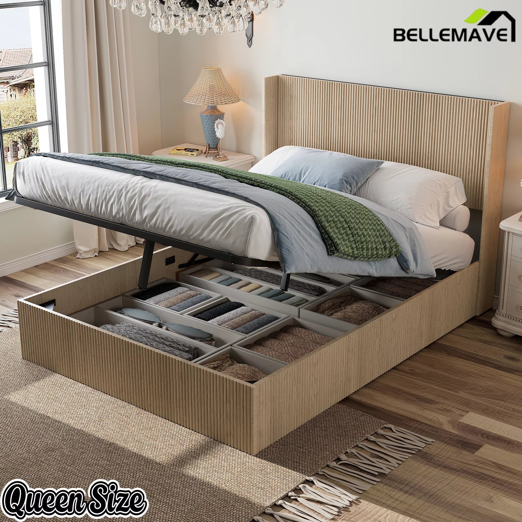 Bellemave® Lift-Top Storage Platform Bed with Fluted Wood Headboard, Hydraulic Lift Bed Frame with Hidden Storage, No Box Spring Required - Bellemave