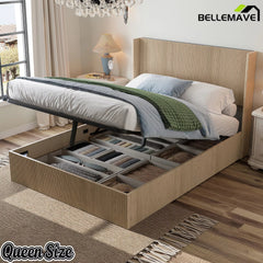 Bellemave® Lift-Top Storage Platform Bed with Fluted Wood Headboard, Hydraulic Lift Bed Frame with Hidden Storage, No Box Spring Required - Bellemave