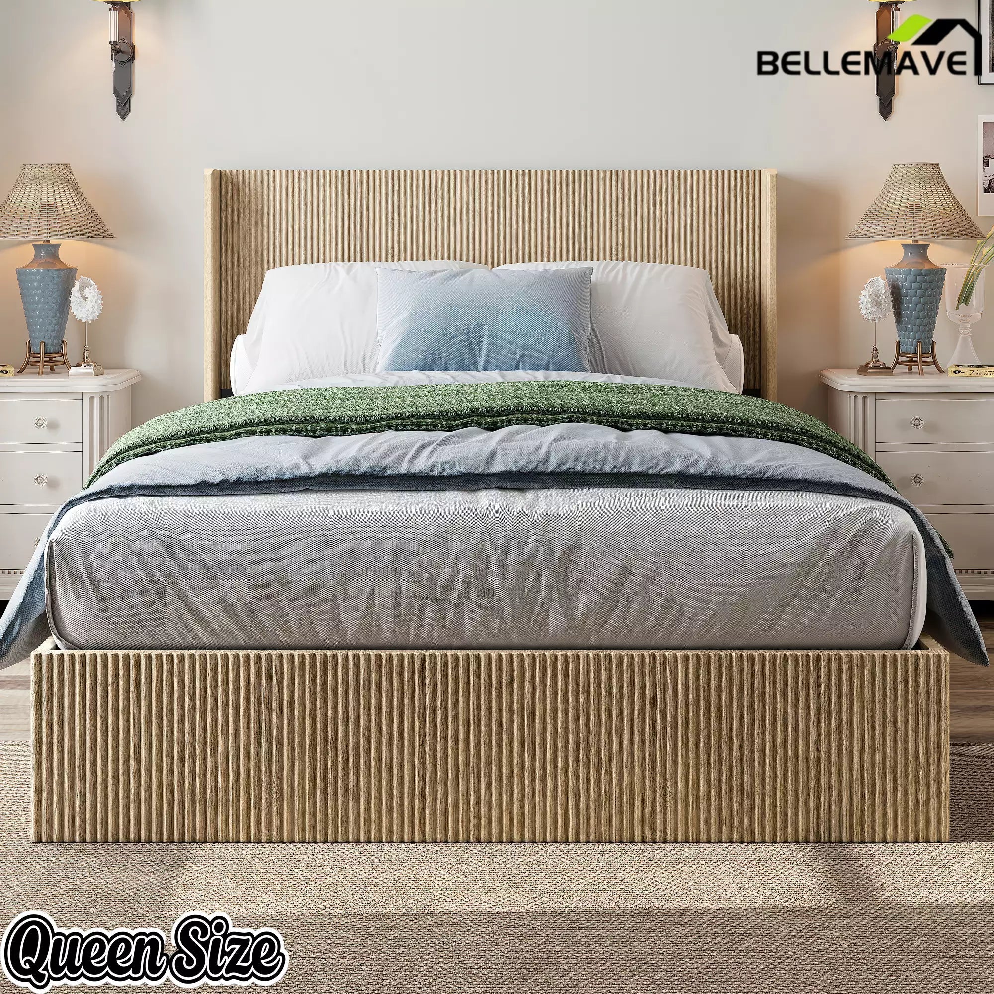 Bellemave® Lift-Top Storage Platform Bed with Fluted Wood Headboard, Hydraulic Lift Bed Frame with Hidden Storage, No Box Spring Required - Bellemave