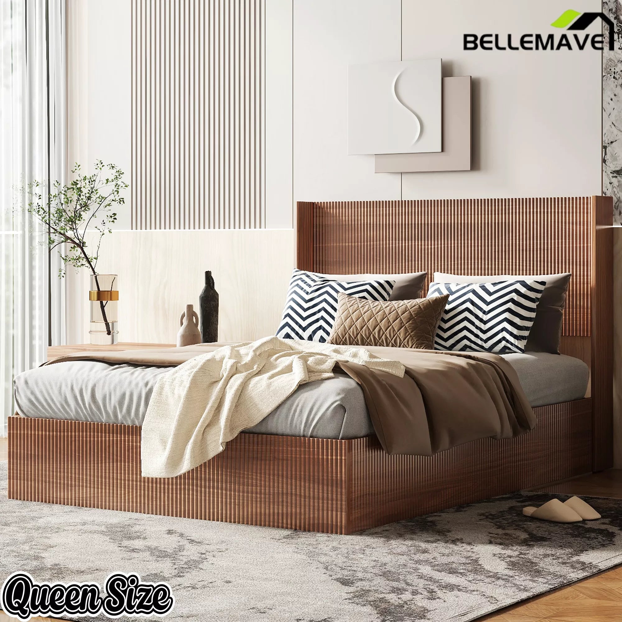 Bellemave® Lift-Top Storage Platform Bed with Fluted Wood Headboard, Hydraulic Lift Bed Frame with Hidden Storage, No Box Spring Required - Bellemave