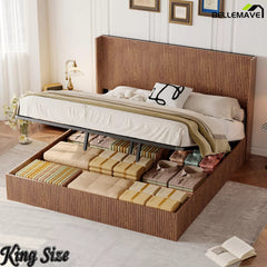 Bellemave® Lift-Top Storage Platform Bed with Fluted Wood Headboard, Hydraulic Lift Bed Frame with Hidden Storage, No Box Spring Required - Bellemave