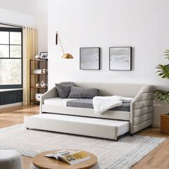 Bellemave® Linen Fabric Upholstered Tufted Daybed with Trundle Bed - Bellemave