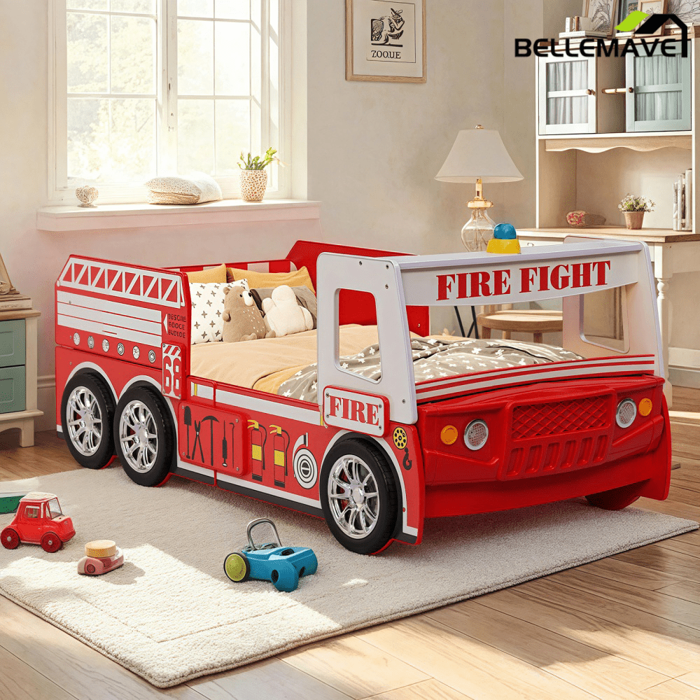 Bellemave® Little Heroes Fire Truck Toddler Bed - Kids Race Car Floor Bed with LED Lights, Guardrails & Easy Assembly - Bellemave