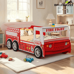 Bellemave® Little Heroes Fire Truck Toddler Bed - Kids Race Car Floor Bed with LED Lights, Guardrails & Easy Assembly - Bellemave