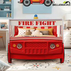 Bellemave® Little Heroes Fire Truck Toddler Bed - Kids Race Car Floor Bed with LED Lights, Guardrails & Easy Assembly - Bellemave