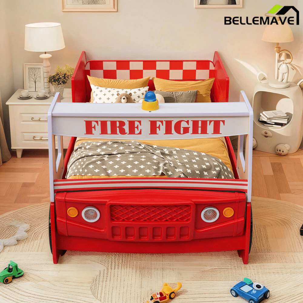 Bellemave® Little Heroes Fire Truck Toddler Bed - Kids Race Car Floor Bed with LED Lights, Guardrails & Easy Assembly - Bellemave