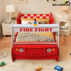 Bellemave® Little Heroes Fire Truck Toddler Bed - Kids Race Car Floor Bed with LED Lights, Guardrails & Easy Assembly - Bellemave
