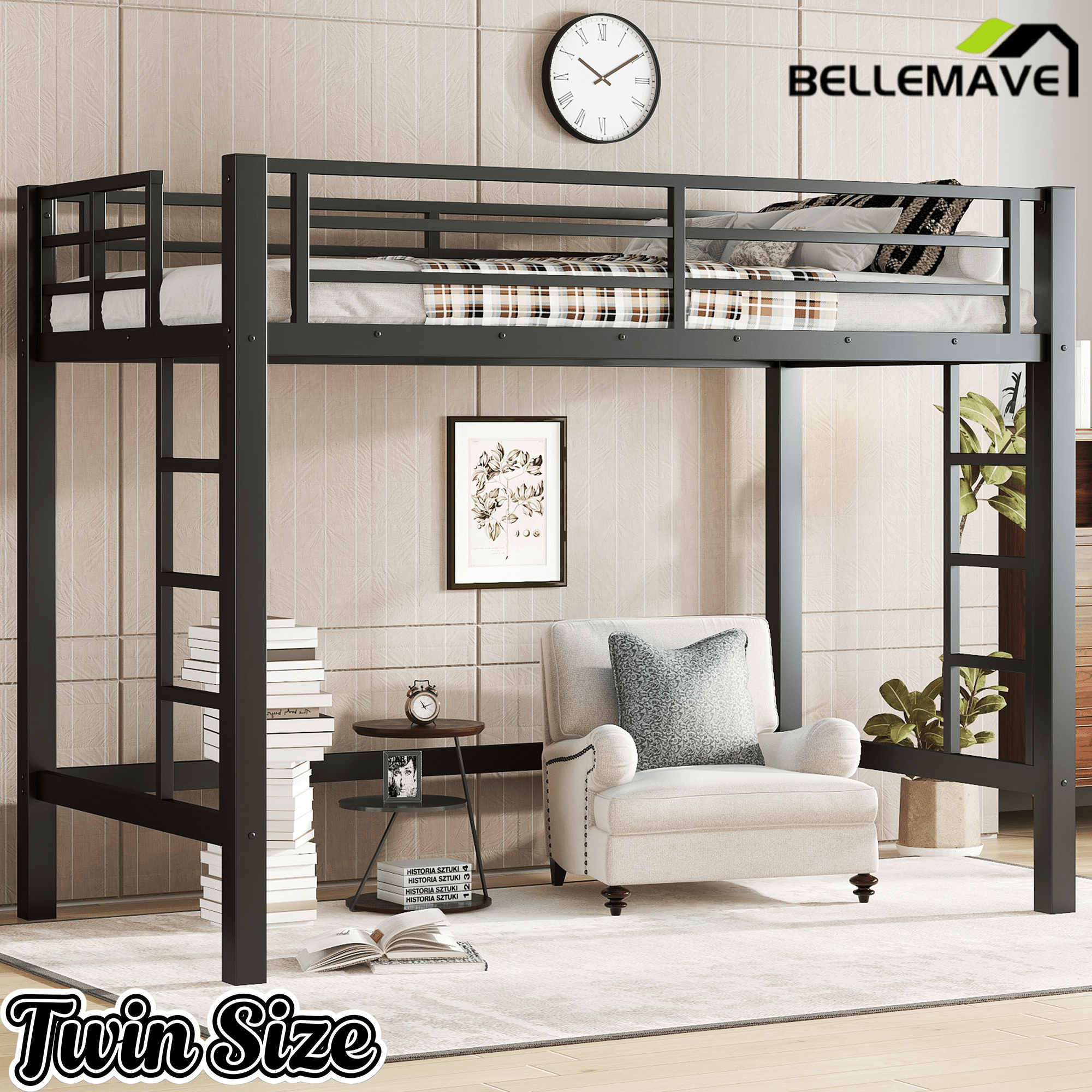 Bellemave® Loft Bed Full Size, Heavy Duty Loft Bed Frame with 2 Build in Ladder and Full Length Guardrail, Easy Assemble, Noise Free Design, No Box Spring Needed, Black - Bellemave