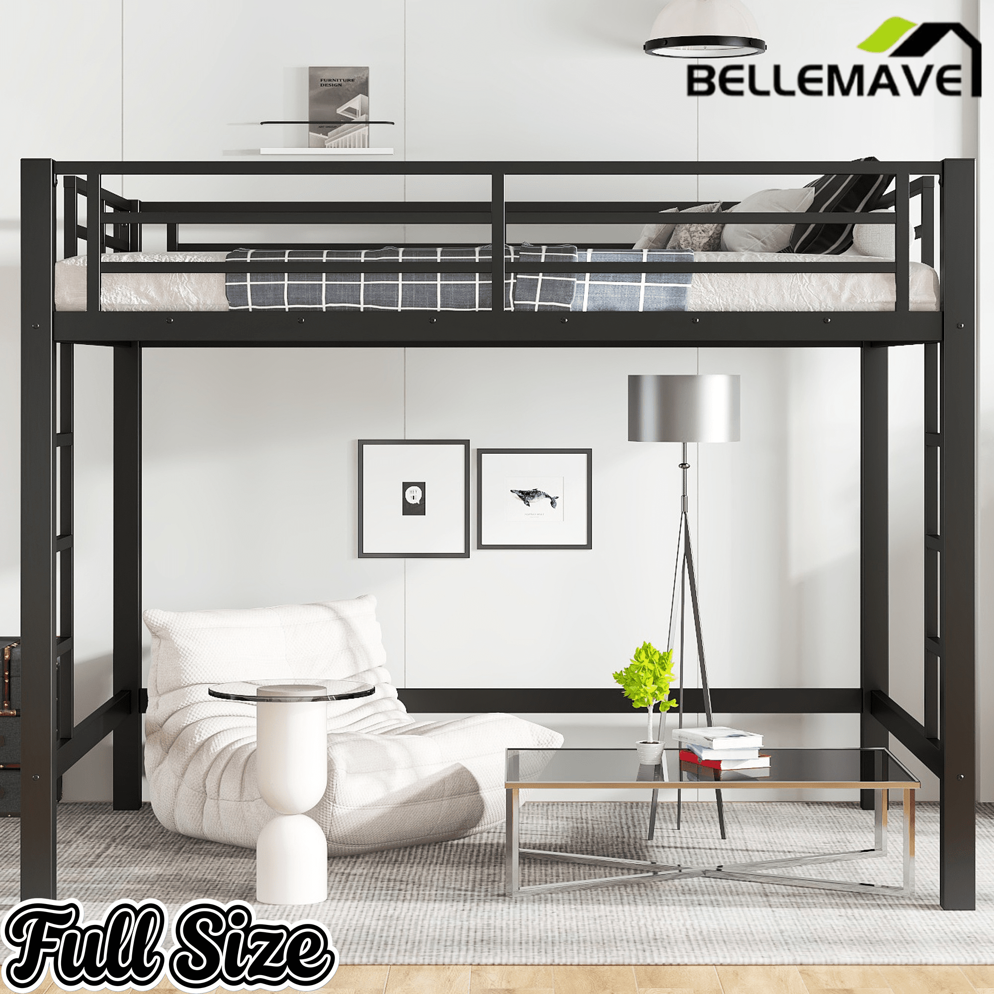 Bellemave® Loft Bed Full Size, Heavy Duty Loft Bed Frame with 2 Build in Ladder and Full Length Guardrail, Easy Assemble, Noise Free Design, No Box Spring Needed, Black - Bellemave