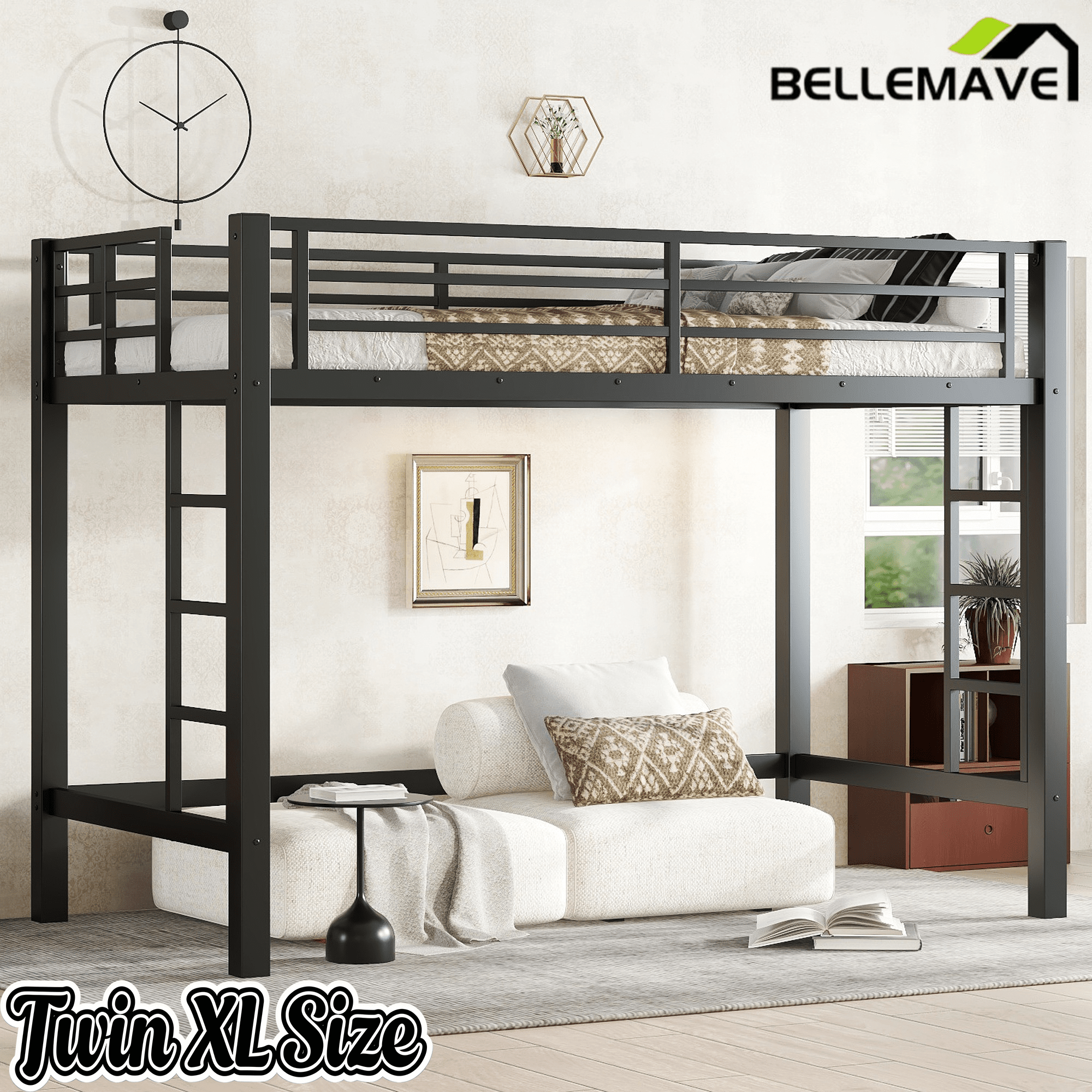 Bellemave® Loft Bed Full Size, Heavy Duty Loft Bed Frame with 2 Build in Ladder and Full Length Guardrail, Easy Assemble, Noise Free Design, No Box Spring Needed, Black - Bellemave