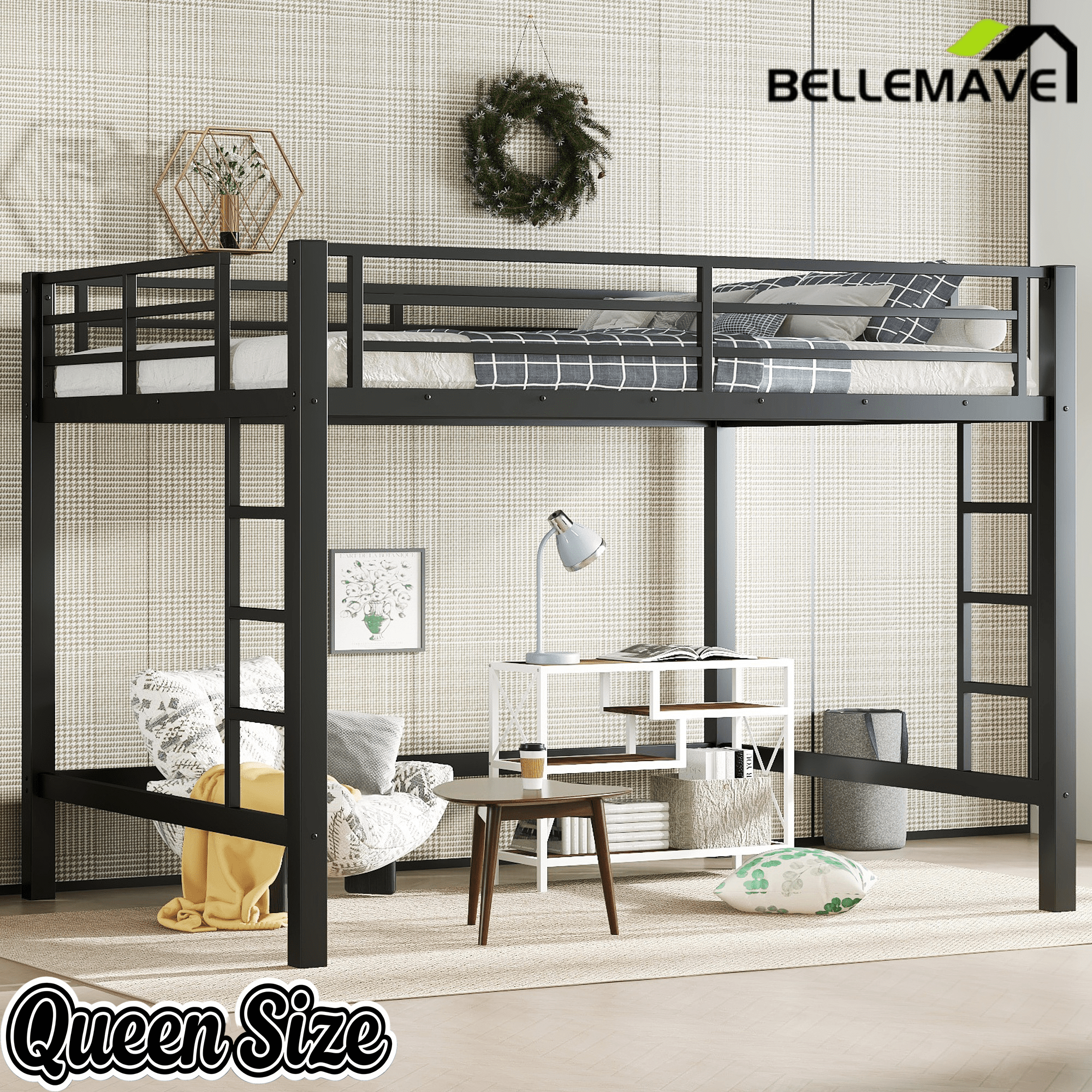Bellemave® Loft Bed Full Size, Heavy Duty Loft Bed Frame with 2 Build in Ladder and Full Length Guardrail, Easy Assemble, Noise Free Design, No Box Spring Needed, Black - Bellemave