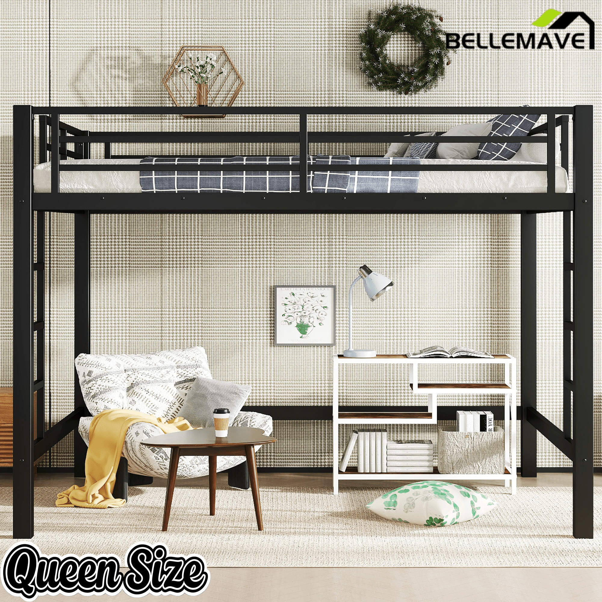 Bellemave® Loft Bed Full Size, Heavy Duty Loft Bed Frame with 2 Build in Ladder and Full Length Guardrail, Easy Assemble, Noise Free Design, No Box Spring Needed, Black - Bellemave