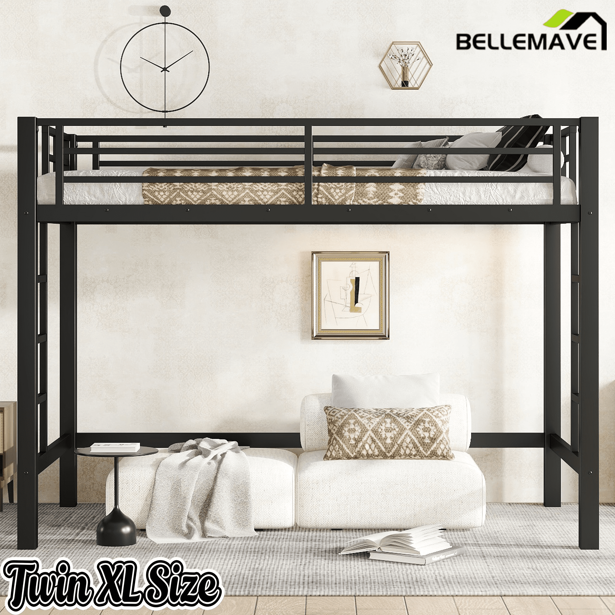Bellemave® Loft Bed Full Size, Heavy Duty Loft Bed Frame with 2 Build in Ladder and Full Length Guardrail, Easy Assemble, Noise Free Design, No Box Spring Needed, Black - Bellemave