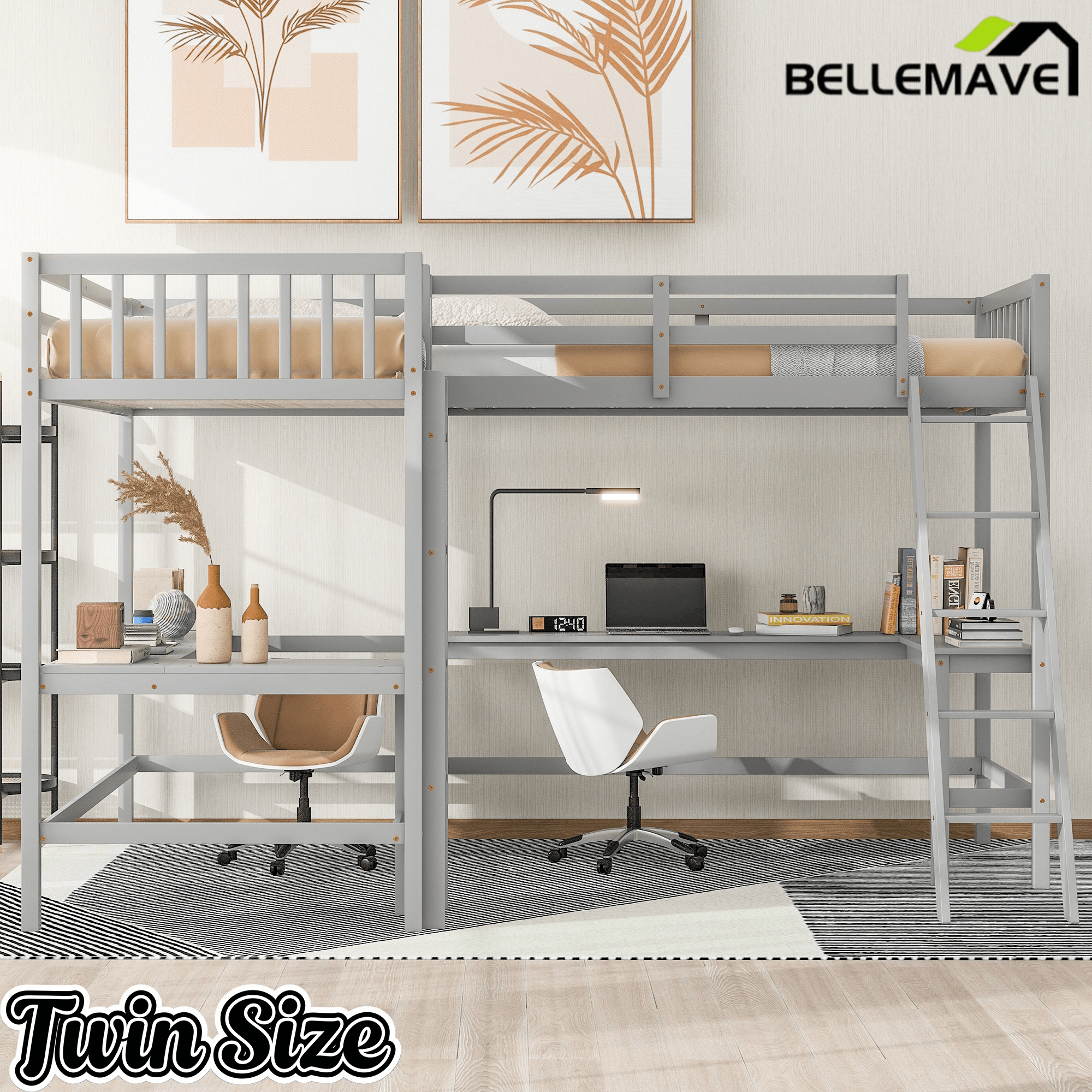 Bellemave® Loft Bed Twin for 2 People, L - Shaped Loft Bed Wood with 2 Desk and 2 Ladders - Bellemave