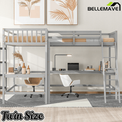 Bellemave® Loft Bed Twin for 2 People, L - Shaped Loft Bed Wood with 2 Desk and 2 Ladders - Bellemave