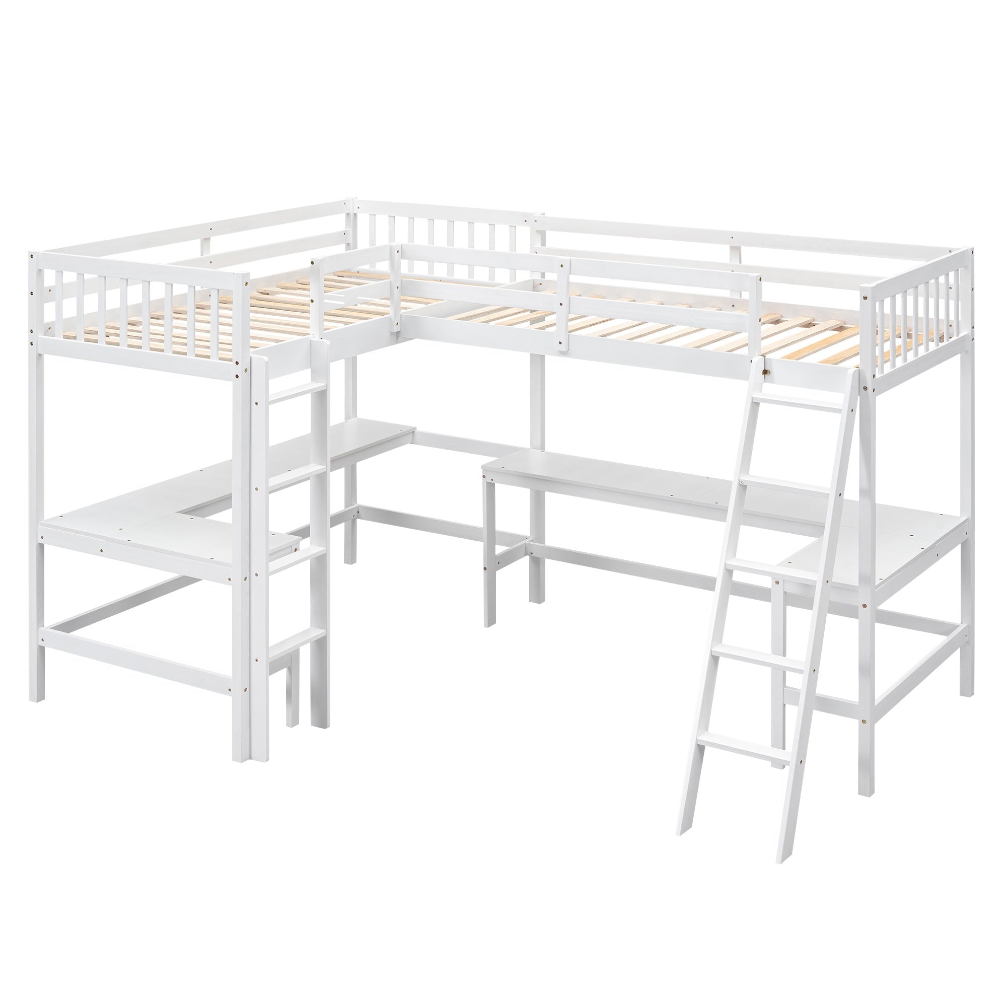 Bellemave® Loft Bed Twin for 2 People, L - Shaped Loft Bed Wood with 2 Desk and 2 Ladders - Bellemave
