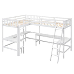 Bellemave® Loft Bed Twin for 2 People, L - Shaped Loft Bed Wood with 2 Desk and 2 Ladders - Bellemave