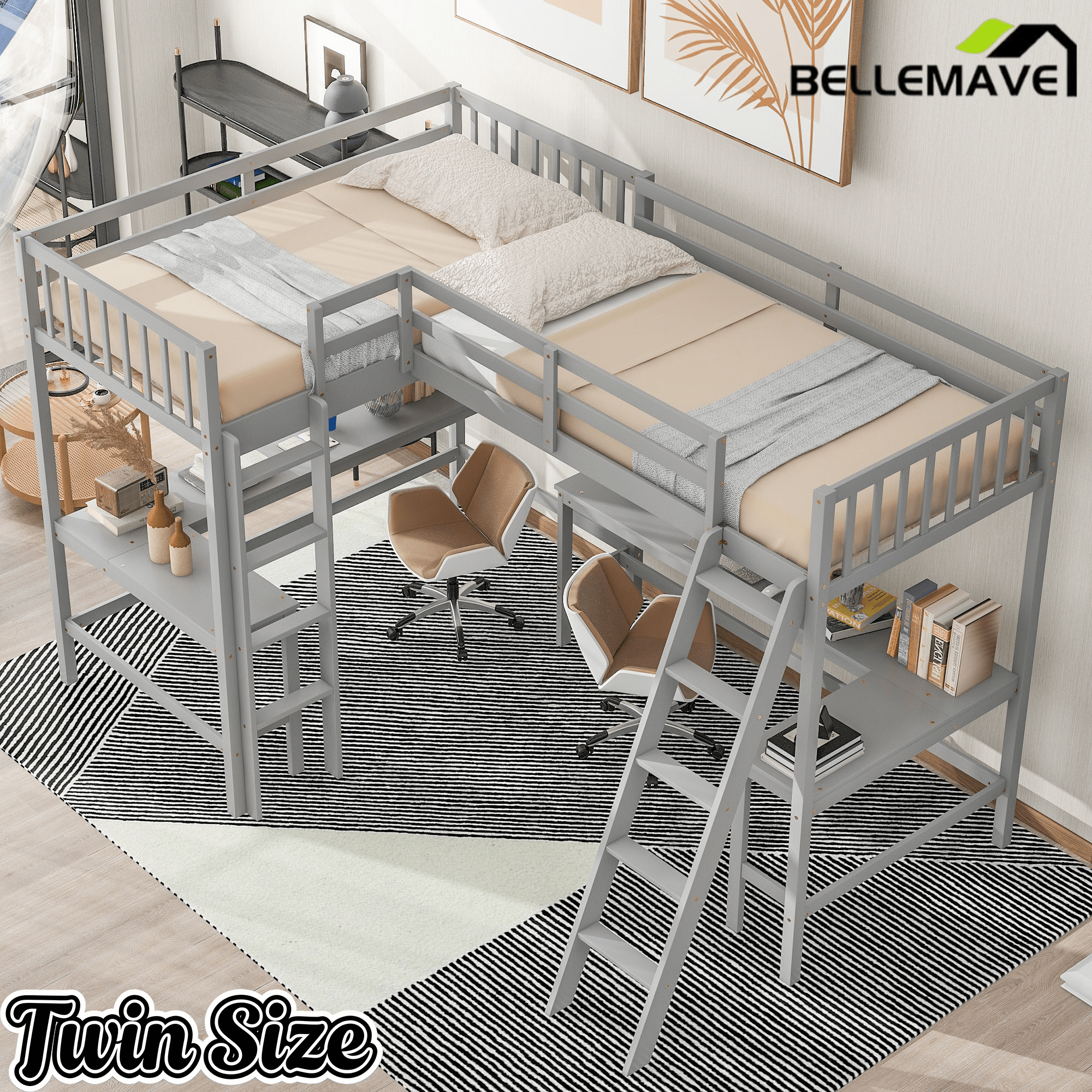 Bellemave® Loft Bed Twin for 2 People, L - Shaped Loft Bed Wood with 2 Desk and 2 Ladders - Bellemave