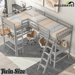 Bellemave® Loft Bed Twin for 2 People, L - Shaped Loft Bed Wood with 2 Desk and 2 Ladders - Bellemave