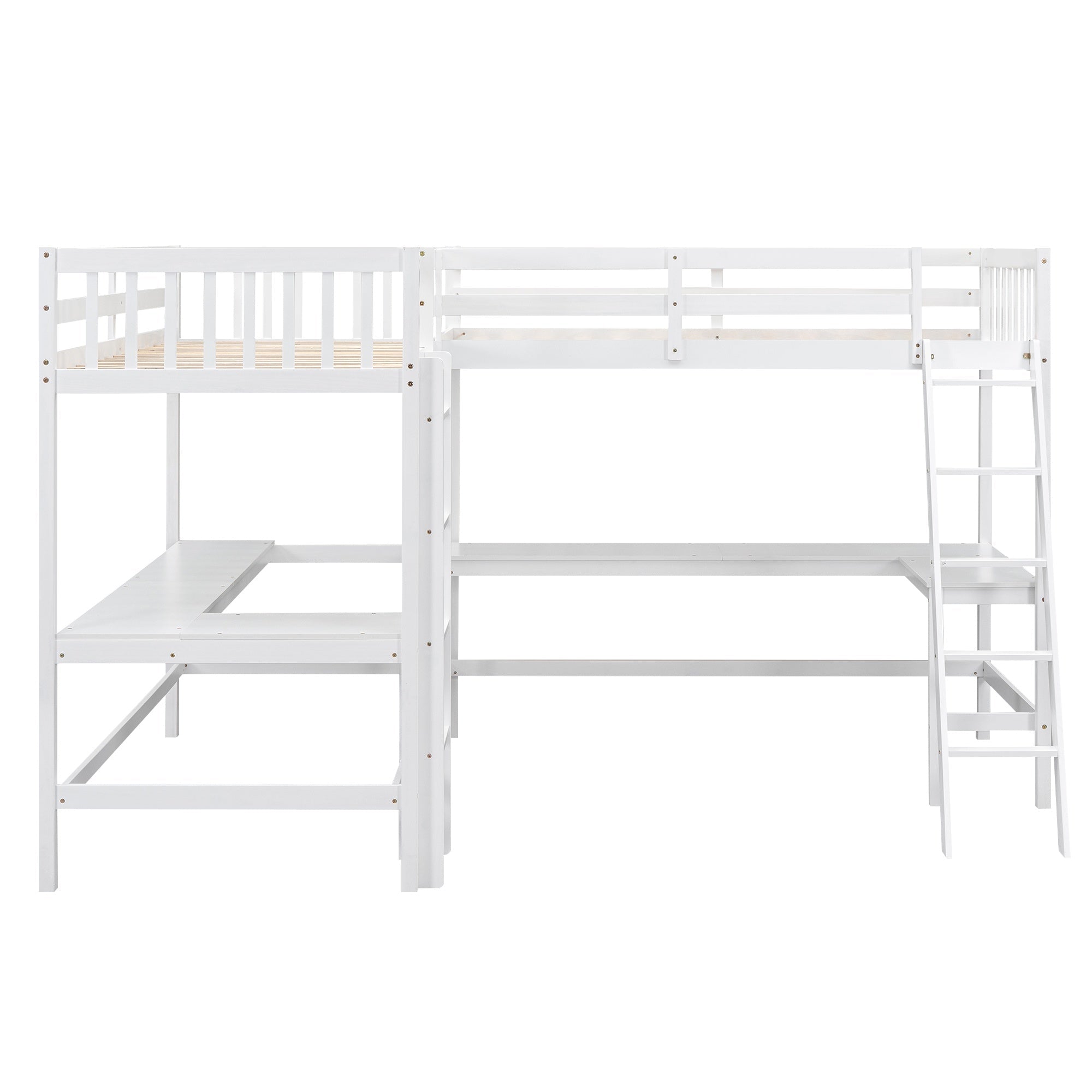 Bellemave® Loft Bed Twin for 2 People, L - Shaped Loft Bed Wood with 2 Desk and 2 Ladders - Bellemave
