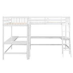 Bellemave® Loft Bed Twin for 2 People, L - Shaped Loft Bed Wood with 2 Desk and 2 Ladders - Bellemave