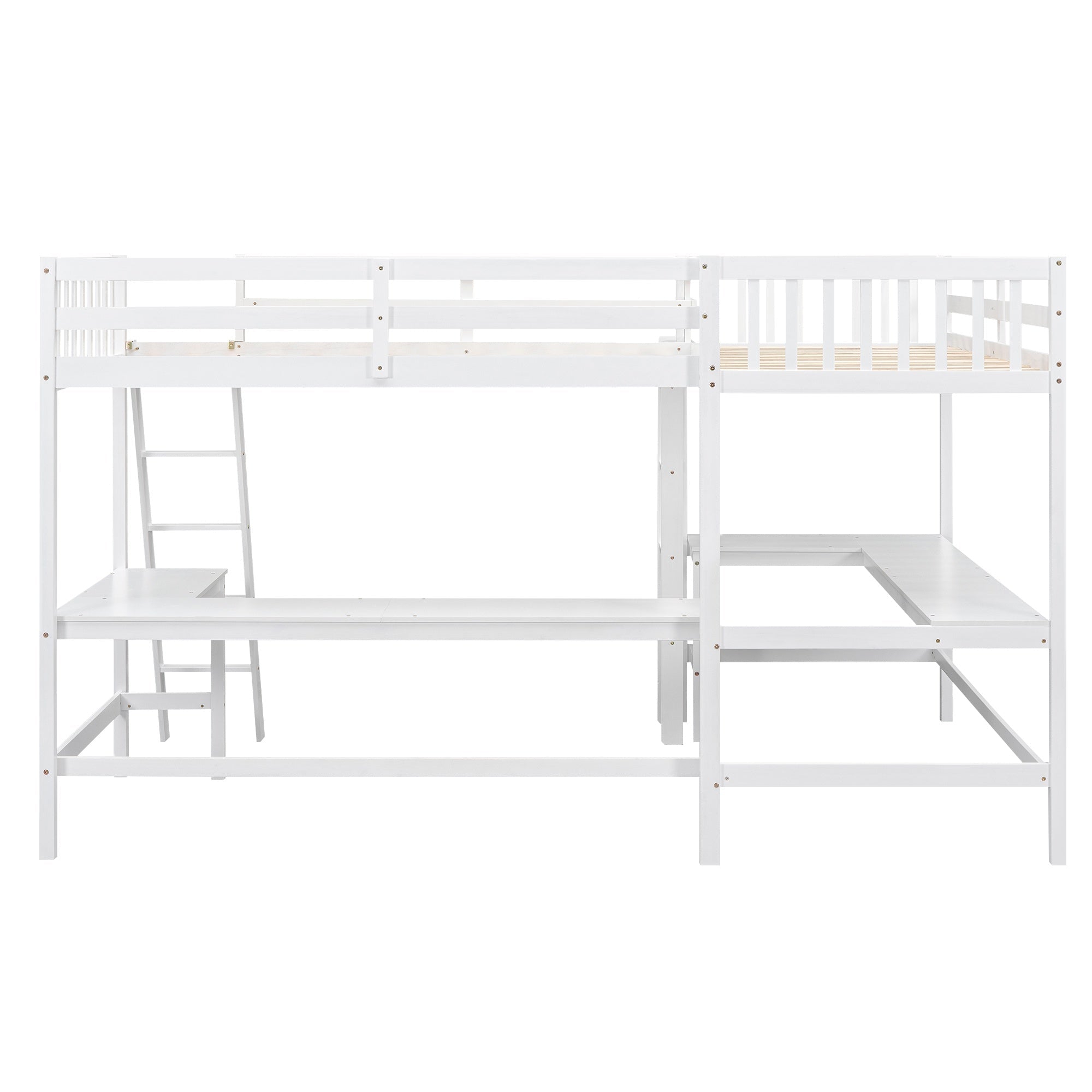 Bellemave® Loft Bed Twin for 2 People, L - Shaped Loft Bed Wood with 2 Desk and 2 Ladders - Bellemave