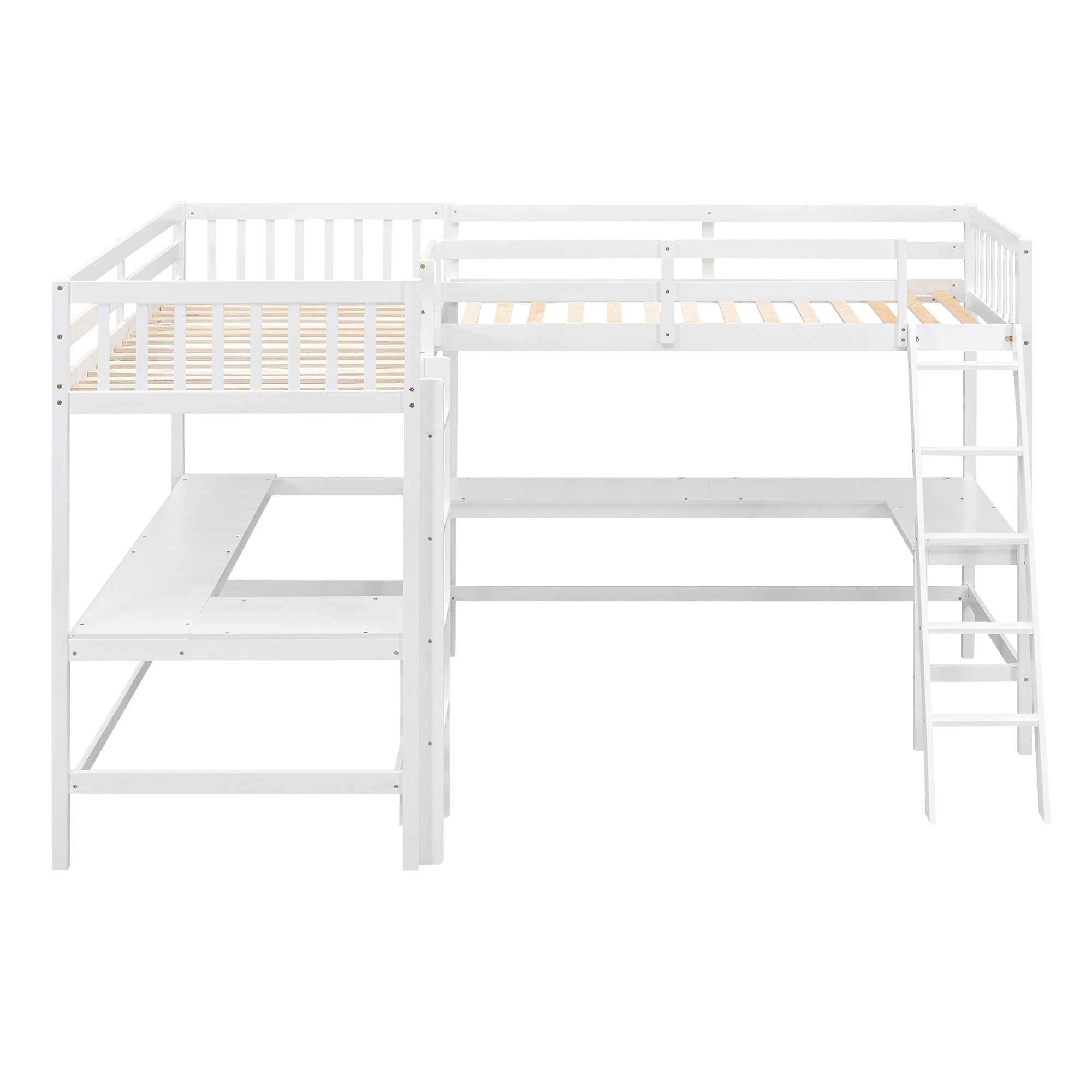 Bellemave® Loft Bed Twin for 2 People, L - Shaped Loft Bed Wood with 2 Desk and 2 Ladders - Bellemave