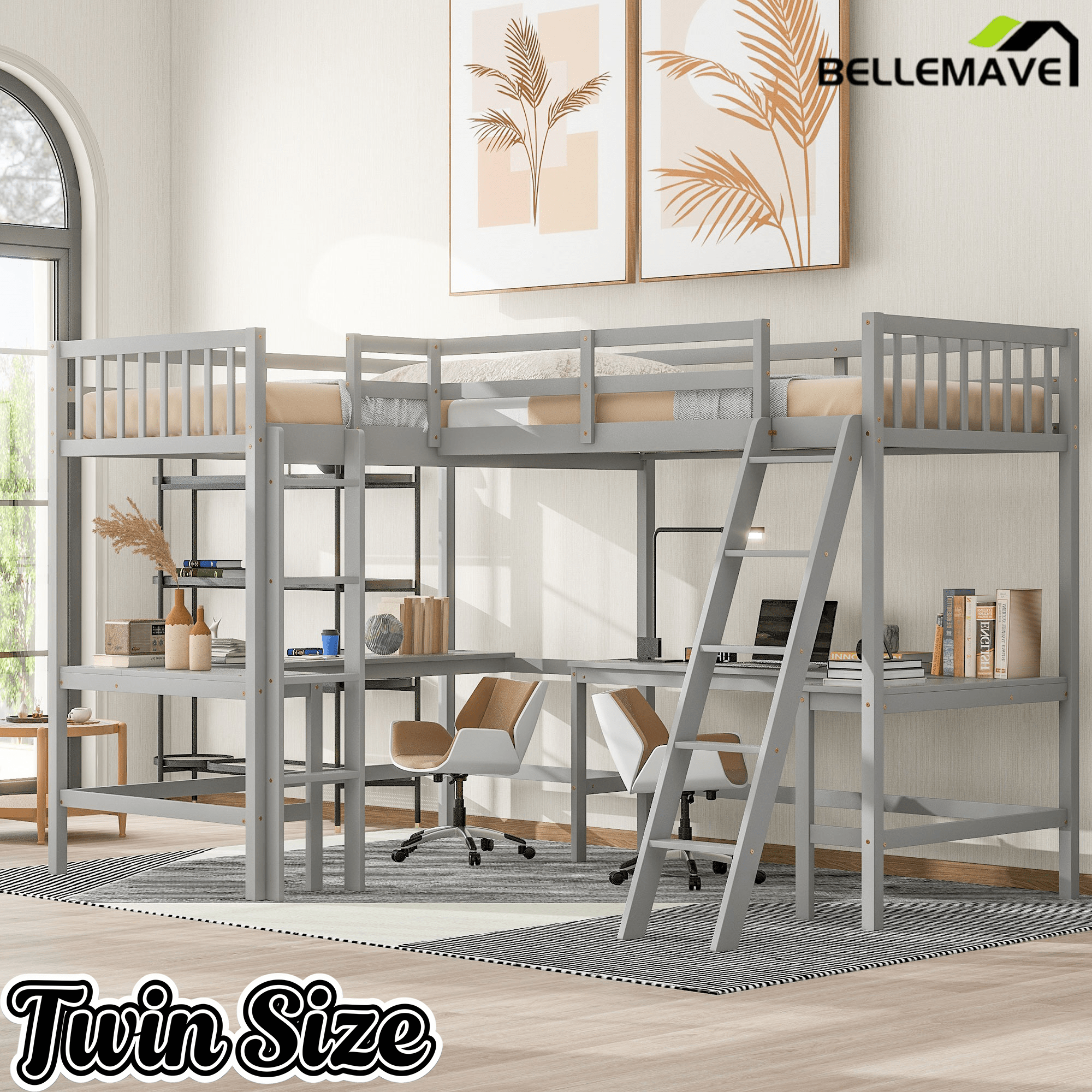 Bellemave® Loft Bed Twin for 2 People, L - Shaped Loft Bed Wood with 2 Desk and 2 Ladders - Bellemave