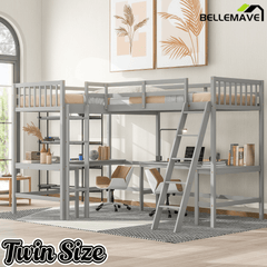 Bellemave® Loft Bed Twin for 2 People, L - Shaped Loft Bed Wood with 2 Desk and 2 Ladders - Bellemave