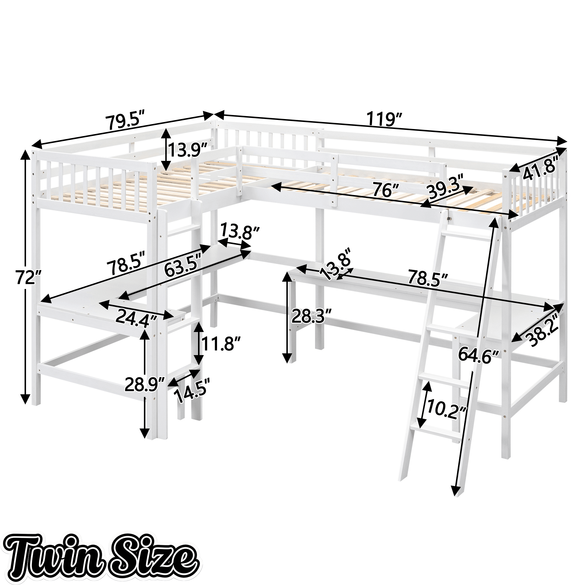 Bellemave® Loft Bed Twin for 2 People, L - Shaped Loft Bed Wood with 2 Desk and 2 Ladders - Bellemave