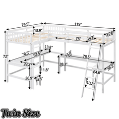 Bellemave® Loft Bed Twin for 2 People, L - Shaped Loft Bed Wood with 2 Desk and 2 Ladders - Bellemave