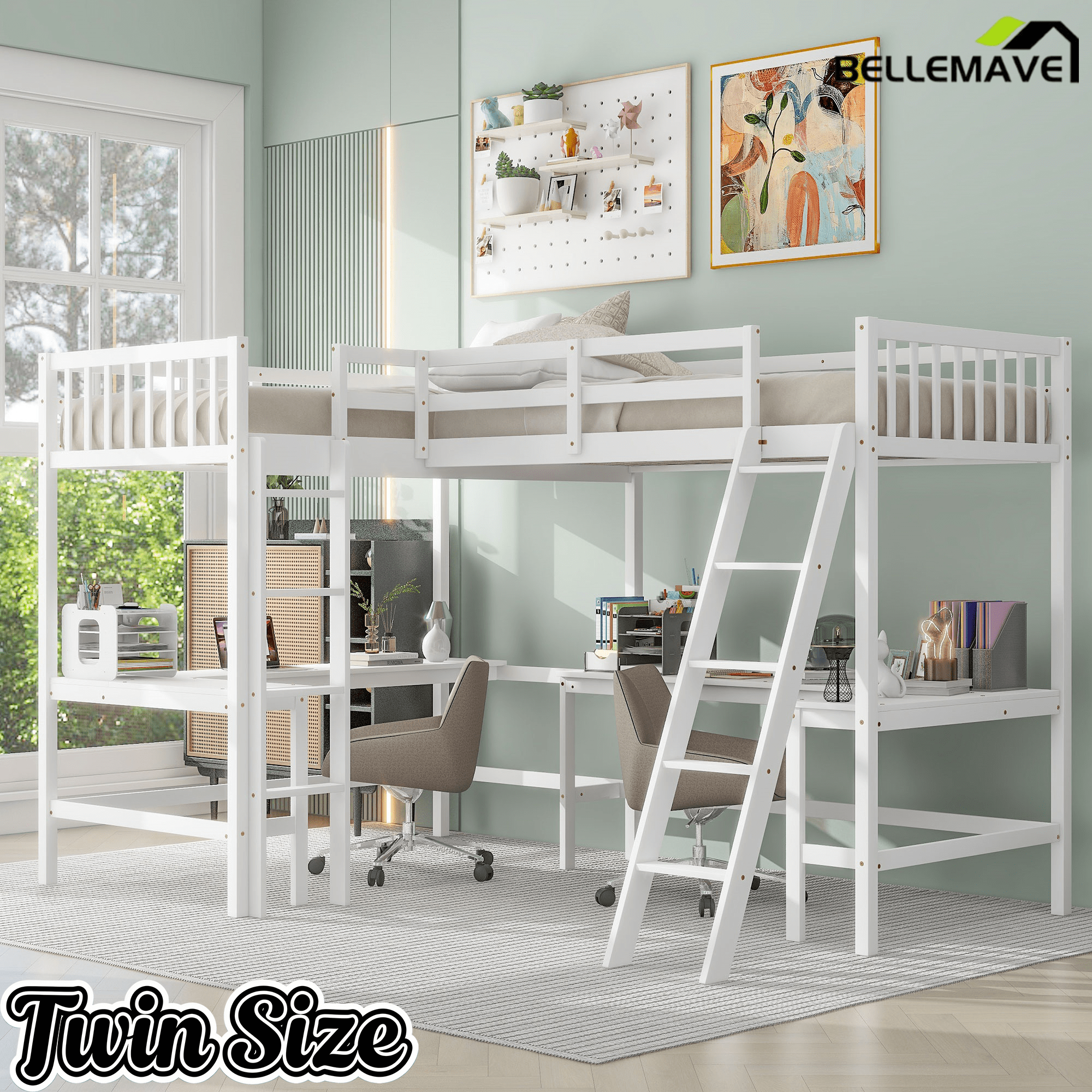 Bellemave® Loft Bed Twin for 2 People, L - Shaped Loft Bed Wood with 2 Desk and 2 Ladders - Bellemave
