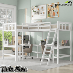Bellemave® Loft Bed Twin for 2 People, L - Shaped Loft Bed Wood with 2 Desk and 2 Ladders - Bellemave