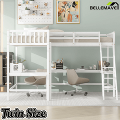 Bellemave® Loft Bed Twin for 2 People, L - Shaped Loft Bed Wood with 2 Desk and 2 Ladders - Bellemave