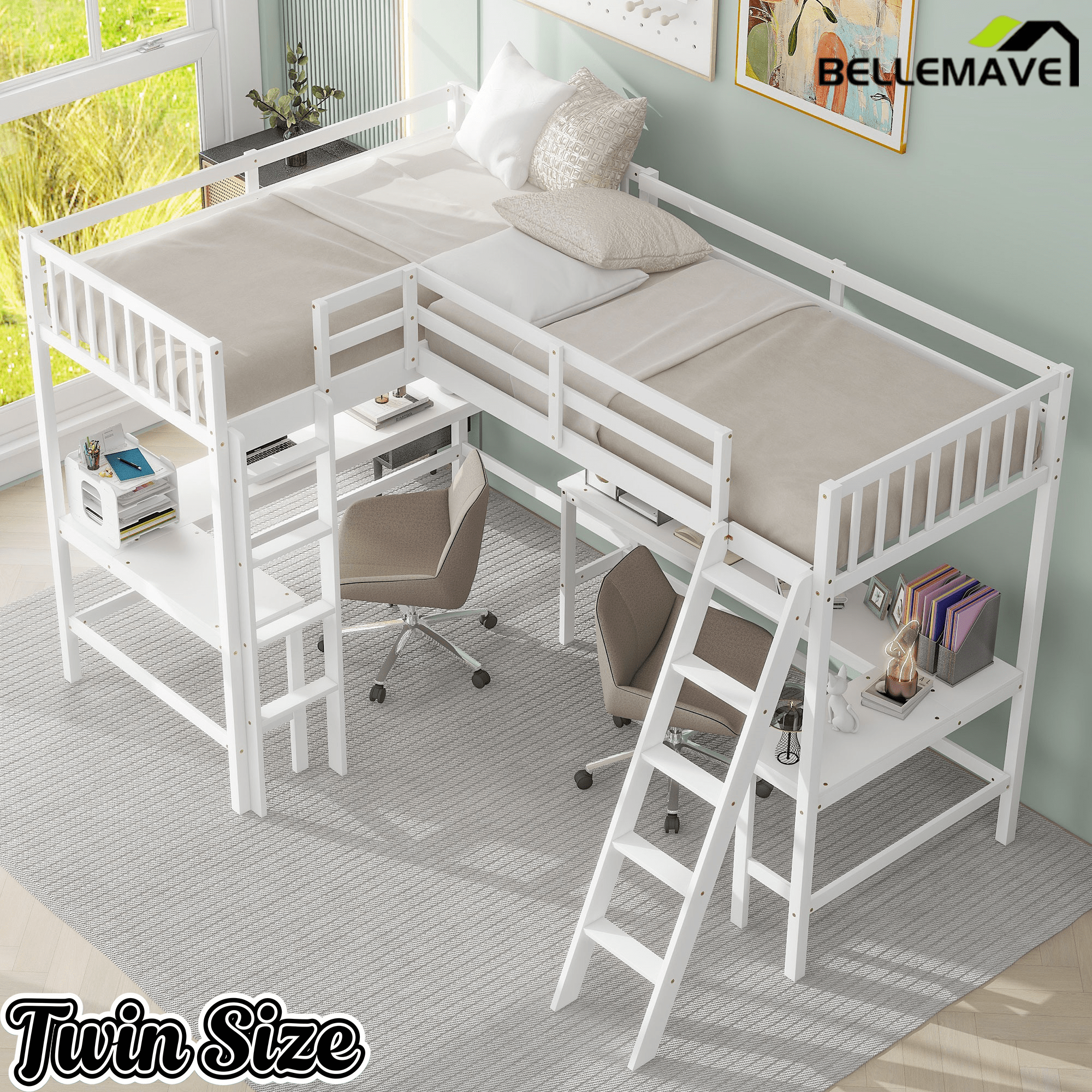 Bellemave® Loft Bed Twin for 2 People, L - Shaped Loft Bed Wood with 2 Desk and 2 Ladders - Bellemave