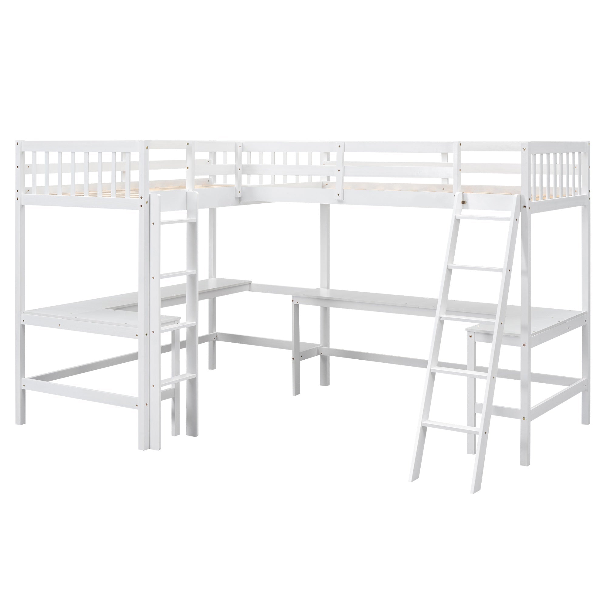 Bellemave® Loft Bed Twin for 2 People, L - Shaped Loft Bed Wood with 2 Desk and 2 Ladders - Bellemave