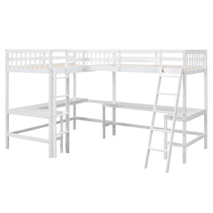 Bellemave® Loft Bed Twin for 2 People, L - Shaped Loft Bed Wood with 2 Desk and 2 Ladders - Bellemave