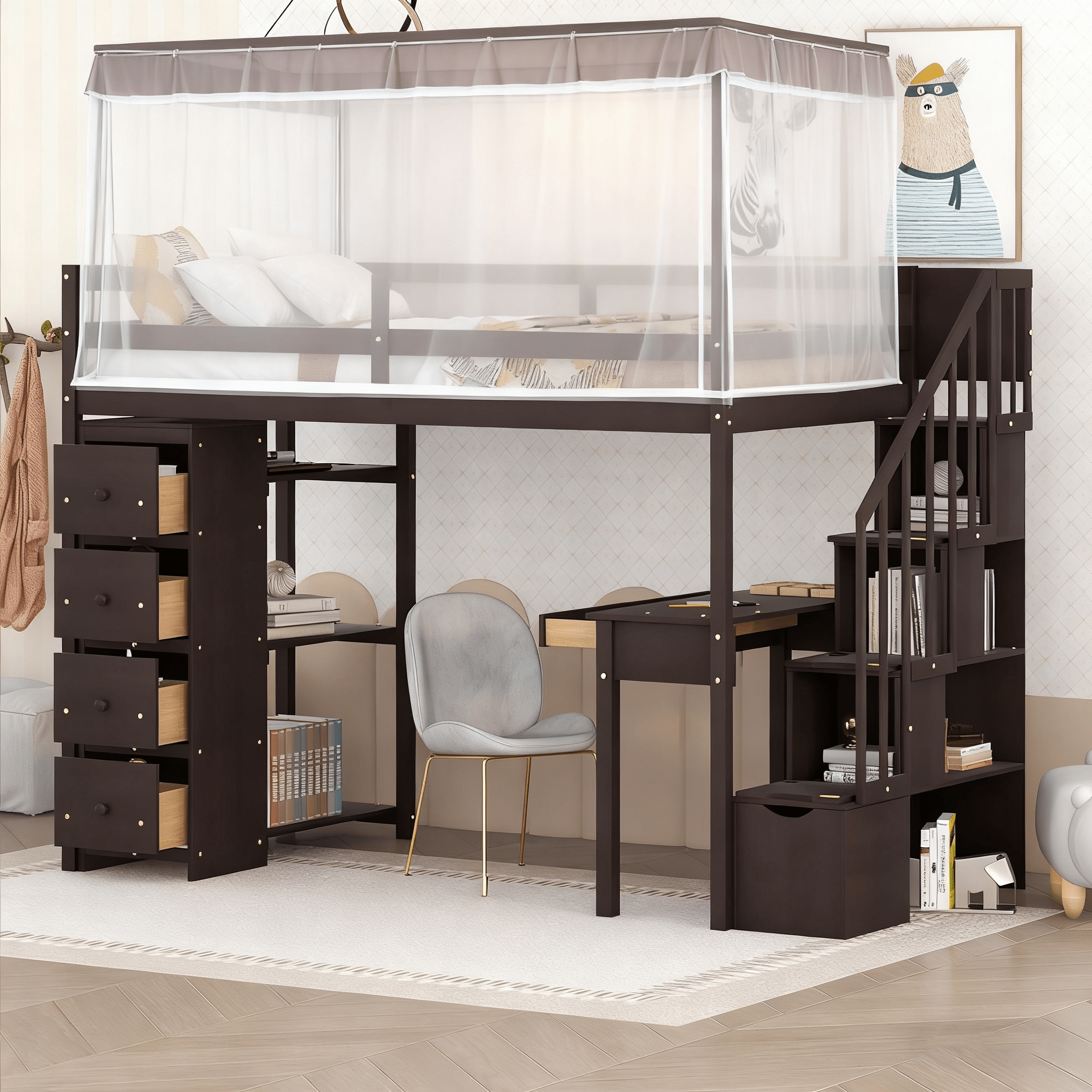 Bellemave® Loft Bed Twin with Storage Drawers ,Desk and Stairs, Wooden Loft Bed with Shelves - White - Bellemave