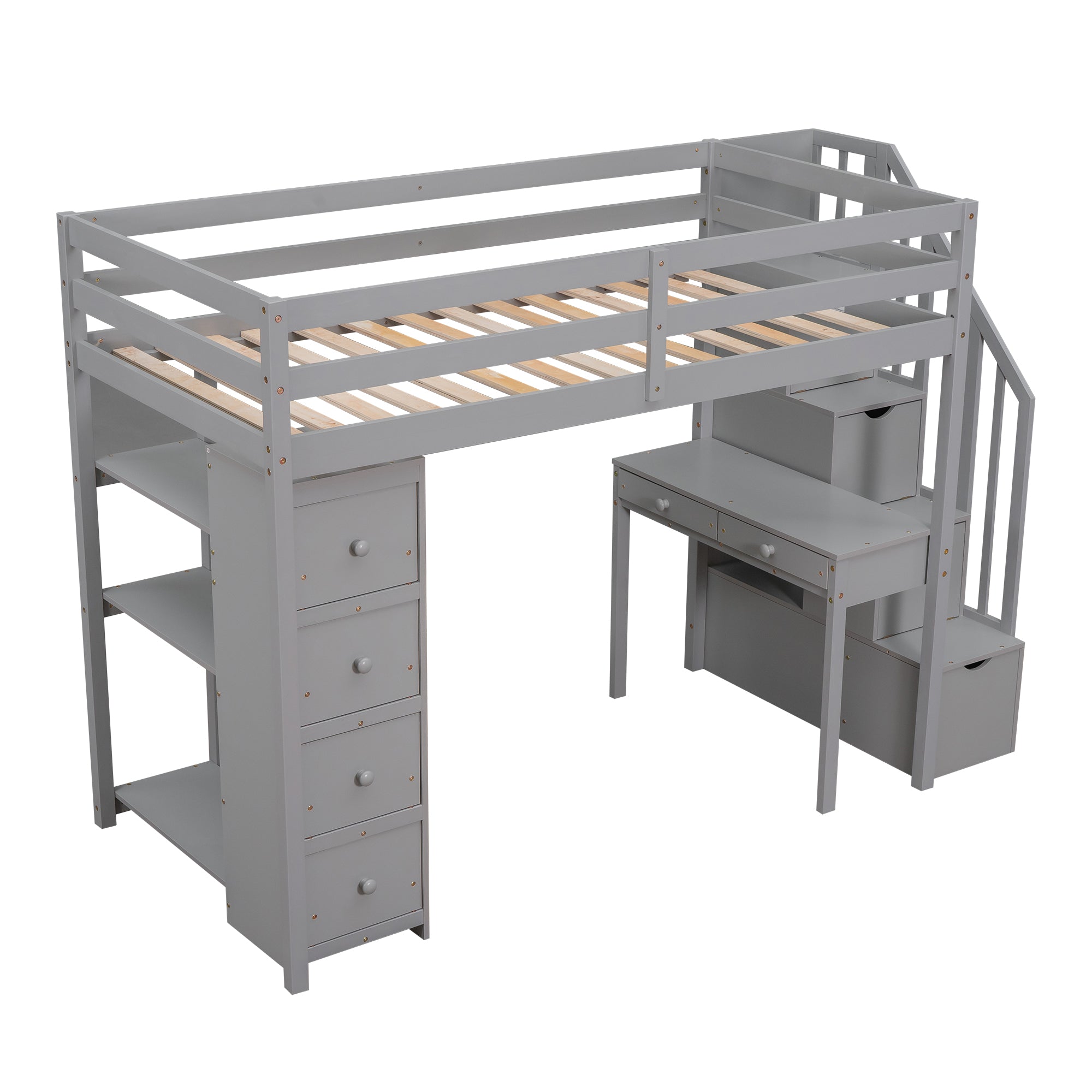 Bellemave® Loft Bed Twin with Storage Drawers ,Desk and Stairs, Wooden Loft Bed with Shelves - White - Bellemave