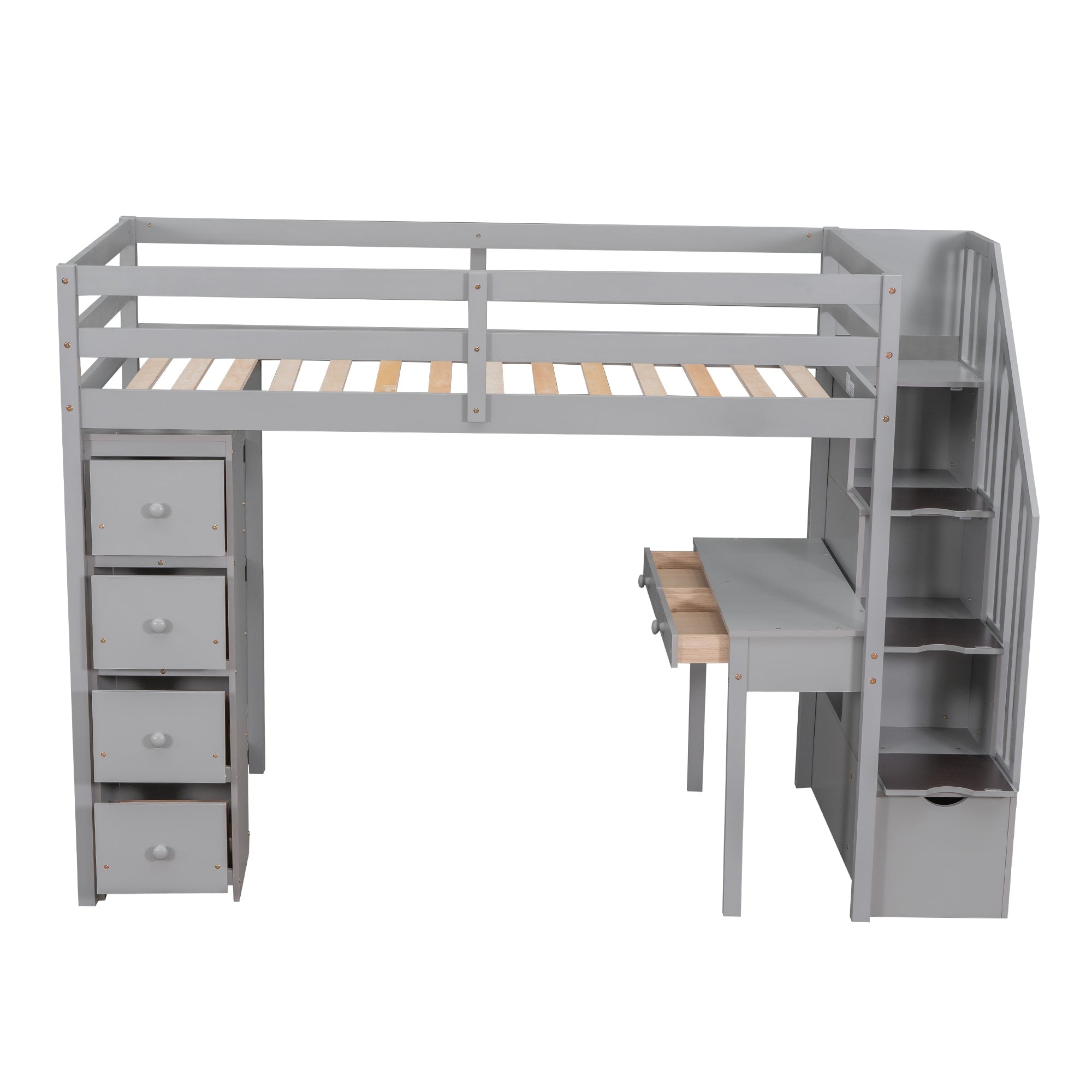 Bellemave® Loft Bed Twin with Storage Drawers ,Desk and Stairs, Wooden Loft Bed with Shelves - White - Bellemave