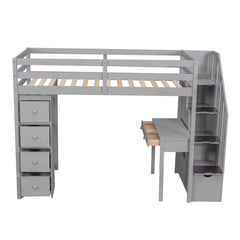 Bellemave® Loft Bed Twin with Storage Drawers ,Desk and Stairs, Wooden Loft Bed with Shelves - White - Bellemave