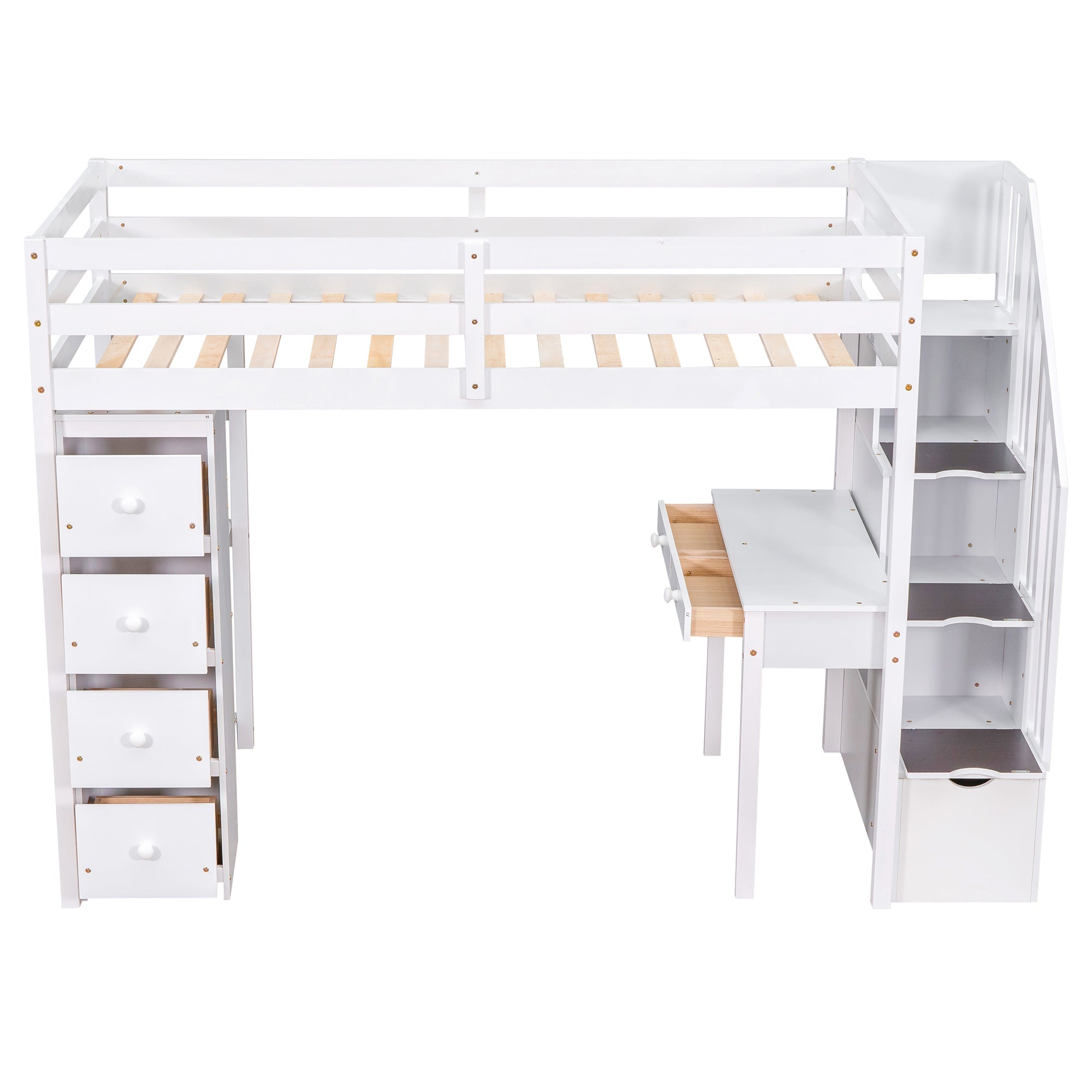 Bellemave® Loft Bed Twin with Storage Drawers ,Desk and Stairs, Wooden Loft Bed with Shelves - White - Bellemave