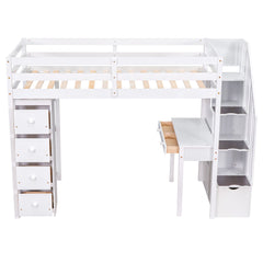 Bellemave® Loft Bed Twin with Storage Drawers ,Desk and Stairs, Wooden Loft Bed with Shelves - White - Bellemave
