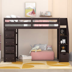 Bellemave® Loft Bed Twin with Storage Drawers ,Desk and Stairs, Wooden Loft Bed with Shelves - White - Bellemave