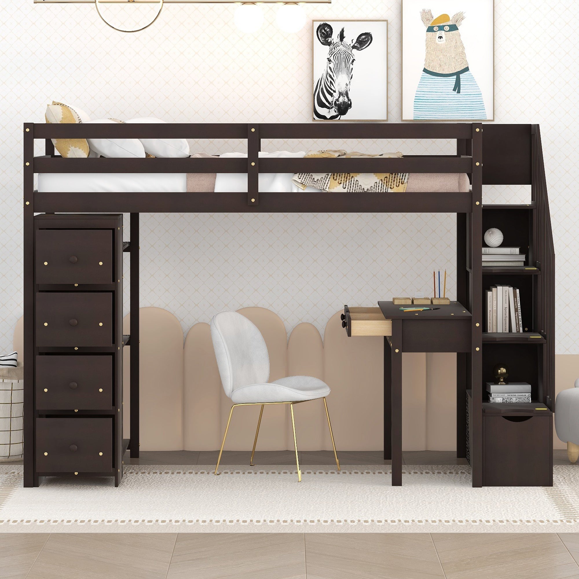 Bellemave® Loft Bed Twin with Storage Drawers ,Desk and Stairs, Wooden Loft Bed with Shelves - White - Bellemave