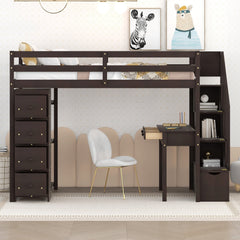 Bellemave® Loft Bed Twin with Storage Drawers ,Desk and Stairs, Wooden Loft Bed with Shelves - White - Bellemave